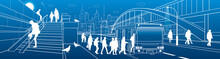 City Transport Infrastructure Panorama. People Get Off The Bus. Pedestrian Arch Bridge. Modern Evening Town In Background. White Lines, Night Scene. Vector Design Art 