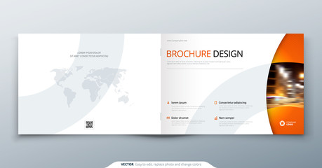 Wall Mural - Landscape Brochure design. Orange corporate business rectangle template brochure, report, catalog, magazine. Brochure layout modern circle shape abstract background. Creative vector concept