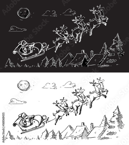 Santa Claus In A Sleigh With Reindeers Flying On Christmas