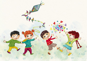 Canvas Print - Happy children. Watercolor illustration.