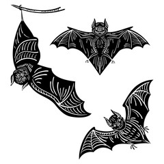 Wall Mural - Set of bats. A collection of terrible bats for Halloween. Flying Monsters. The bloodsuckers. Mystical beings. Black and white vector illustration.