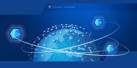 Poster - Modern design of network connections, the planet and satellites in orbit. Background vector illustration