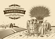 Vintage Thanksgiving Landscape Brown. Editable vector illustration in woodcut style with clipping mask.