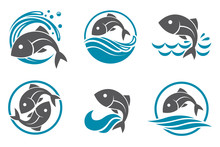Collection Of Fish Icon With Waves