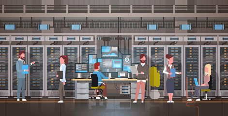 Wall Mural - people working in data center room hosting server computer monitoring information database flat vect