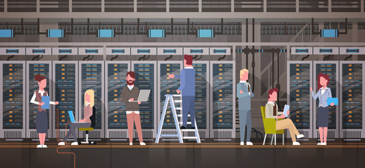 Wall Mural - people working in data center room hosting server computer monitoring information database flat vect