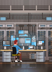 Wall Mural - man working in data center room hosting server computer monitoring information database flat vector 