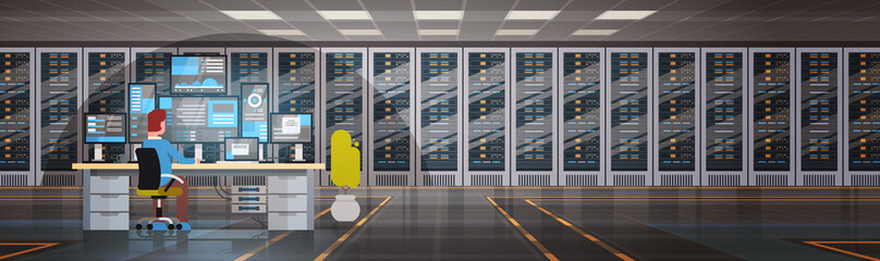 Wall Mural - people working in data center room hosting server computer monitoring information database flat vect