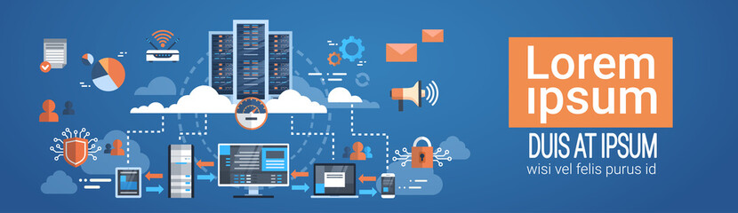 Wall Mural - data center cloud computer connection hosting server database synchronize technology vector illustra
