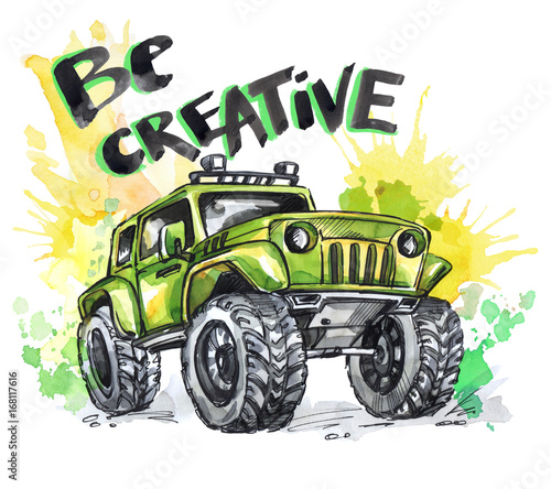 Obrazy Monster truck  recznie-rysowane-karty-z-duzym-samochodem-i-napisem-slowa-badz-kreatywny-akwarela-ilustracja-wielokolorowa