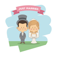 Sticker - color sky landscape scene of just married couple bride with blonded hair and groom with hat vector illustration