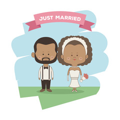 Sticker - color sky landscape scene of just married couple bride and groom brunette vector illustration