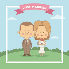 Sticker - color sky landscape scene greeting card of just married couple bride with blonded hair and groom with haircut vector illustration