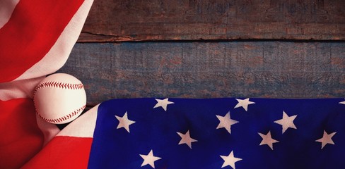 Poster - Baseball and American flag on wooden table