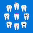 Set of cute cartoon tooth emoticons with different facial expressions. Dental care concept. Illustration isolated on blue background.