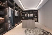 3d rendering minimal loft dark wood walk in closet with wardrobe