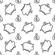 seamless piggy and money bag background draw by hand doodle style about saving money. vector illustration.