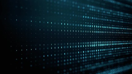 Wall Mural - technological background with blue digits of binary code running up against black computer monitor