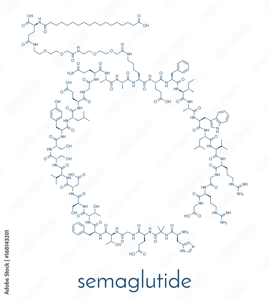 incretin semaglutide Semaglutide diabetes drug molecule (incretin agonist). Skeletal formula.  Stock Vector