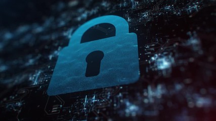 Digitally generated animation of blue padlock symbol glowing on electronic screen. Computer security concept