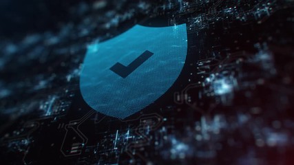 Holographic animation of digital shield with check mark in the center glowing on circuit board in cyberspace. Computer security concept