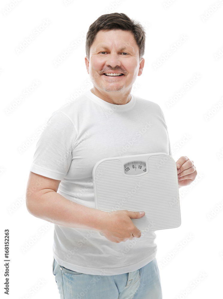 Overweight man holding weight scales on white background. Diet concept
