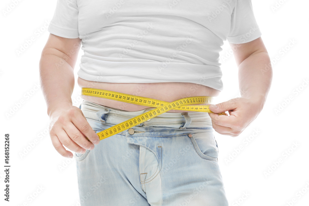 Overweight man measuring his waist on white background. Diet concept