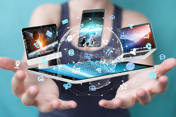 Wall Mural - tech devices connected to each other by businesswoman 3d rendering