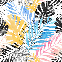 Wall Mural - Art illustration: trendy tropical leaves filled with watercolor grunge marble texture, doodle elements background.