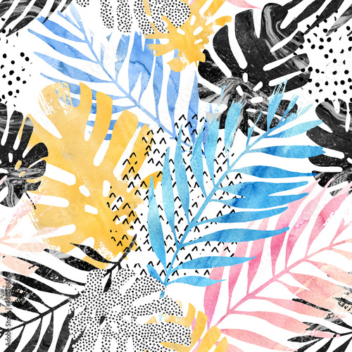 ilustracja-sztuki-modne-tropikalne-liscie-wypelnione-akwarela-grunge-tekstury-marmuru-doodle-elementy-tla