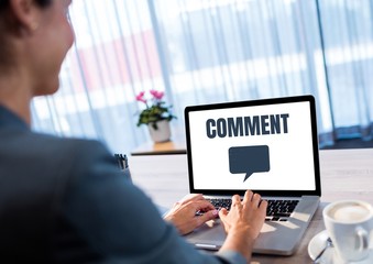 Poster - Comment text and chat graphic on tablet screen with womans hands