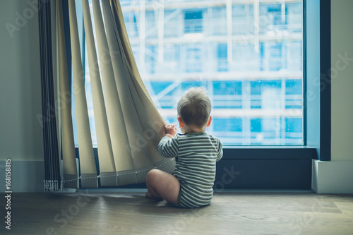 Fotomural LIttle baby playing with curtain in apartment