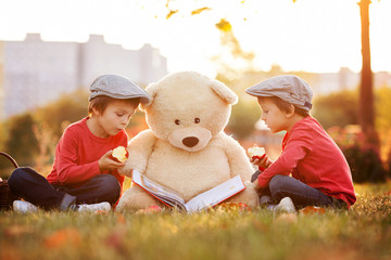  Two adorable little boys with his teddy bear friend in the park on sunset