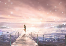 Nice Illustration With Sunlight. A Girl In A Dress  Standing On A Pier By The Sea. Painting. Glare At Dawn Or Sunset. Pastel Pink And Blue Colors. Fantasy
