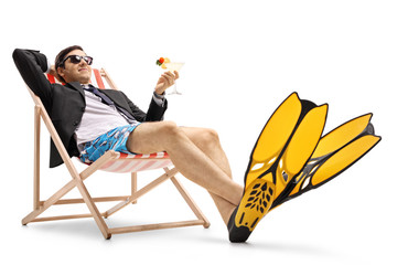 Poster - Businessman with swimming fins and cocktail