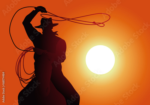 Fotografía cow-boy - lasso - coucher de soleil - cheval - fond, western