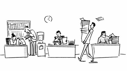 Men working at their desk in an office. Vector sketch for storyboard, projects, cartoon