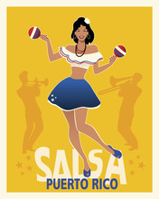 Beautiful Girl Dancing Salsa With Maracas. Retro Style Puerto Rico Poster.