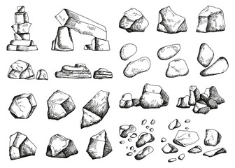 stones different set of sketch. hand drawing vector illustration