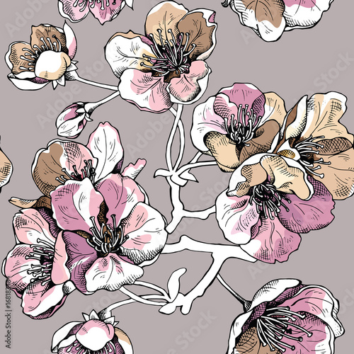 Stoffe zum Nähen Nahtlose Muster mit rosa und gold Blumen Kirsche auf einem beigen Hintergrund. Vektor-Illustration.