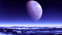 Blue Alien Planet. The Huge Blue Planet Slowly Rotates In The Dark Starry Sky. Below It Are Low Mountains And Hills Covered With A White Luminous Mist. Planet Reflected In Water.
