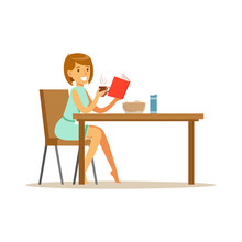Beautiful Young Woman Character Reading Bok While Having Breakfast Vector Illustration