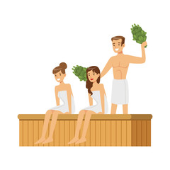 Sticker - People wearing towels steaming with birch broom in sauna steam room, spa procedures colorful vector Illustration