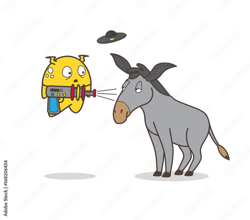 Cartoon Alien Shooting with Gun to a Donkey Vector Illustration Stock ...