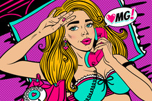 Pop Art Female Face. Closeup Of Sexy Young Blonde Woman With Open Mouth Lying In Bed And Holding Old Phone Handset And OMG! Speech Bubble. Vector Bright Illustration In Pop Art Retro Comic Style.
