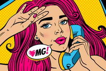 Pop Art Female Face. Closeup Of Sexy Young Woman With Pink Hair And Open Mouth Lying In Bed And Holding Old Phone Handset And OMG! Speech Bubble. Vector Colorful Illustration In Retro Comic Style.