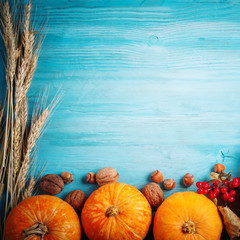 A table decorated with pumpkins, Harvest Festival,Happy Thanksgiving.