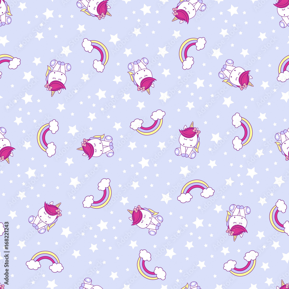 seamless pattern illustration of cute unicorns with rainbow and stars ...