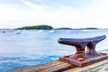 Closeup Of Anchor Or Bollard On Boat Pier In Bar Harbor, Maine