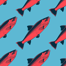 Seafood Seamless Pattern With Pink Salmon, Vector Illustration